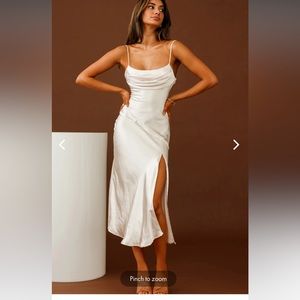 Selfie Leslie champagne satin midi dress with slit